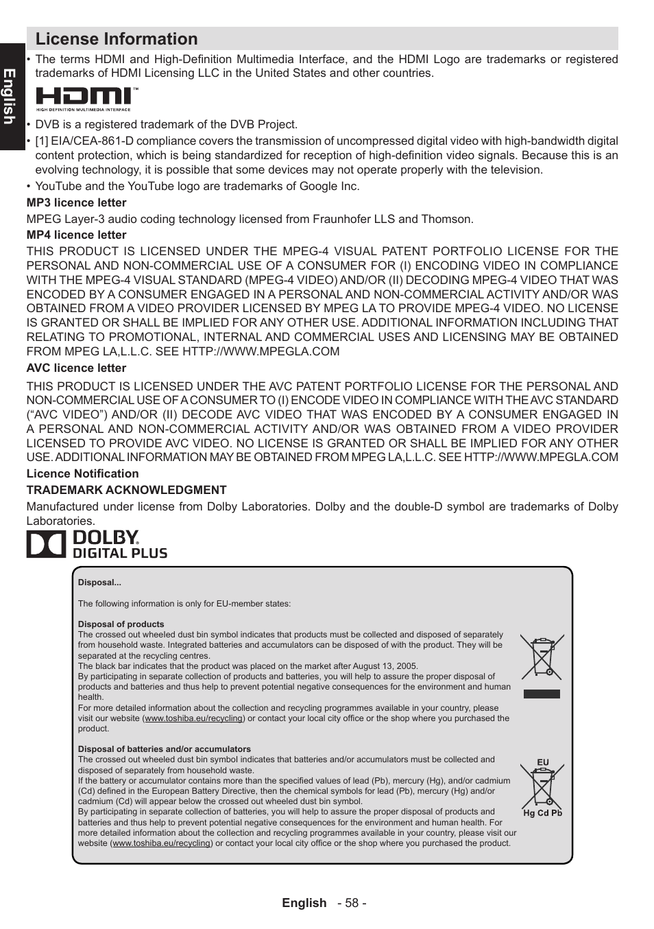 License information, English | Toshiba T5445 User Manual | Page 58 / 60