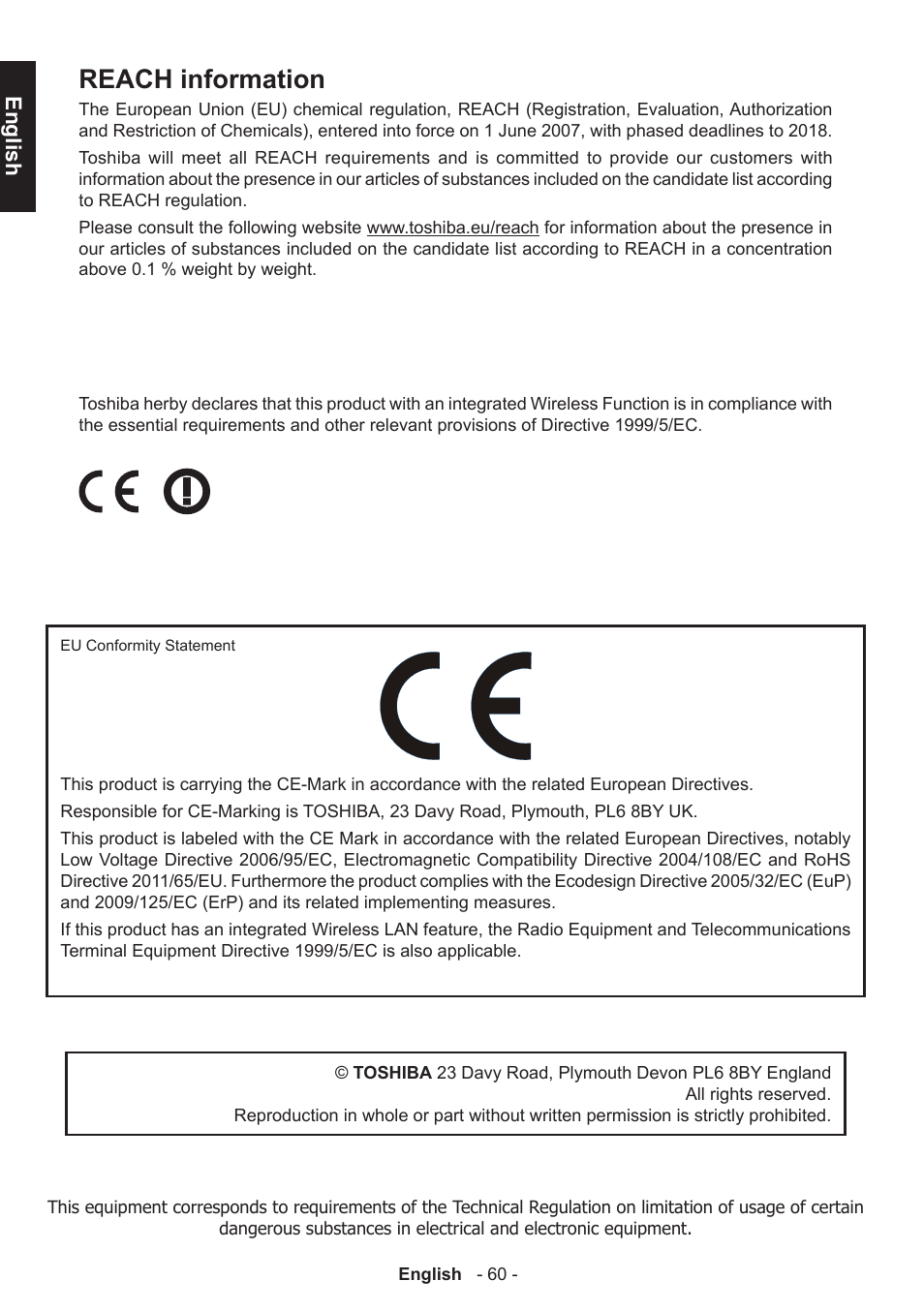 Reach information, English | Toshiba T5445 User Manual | Page 60 / 60