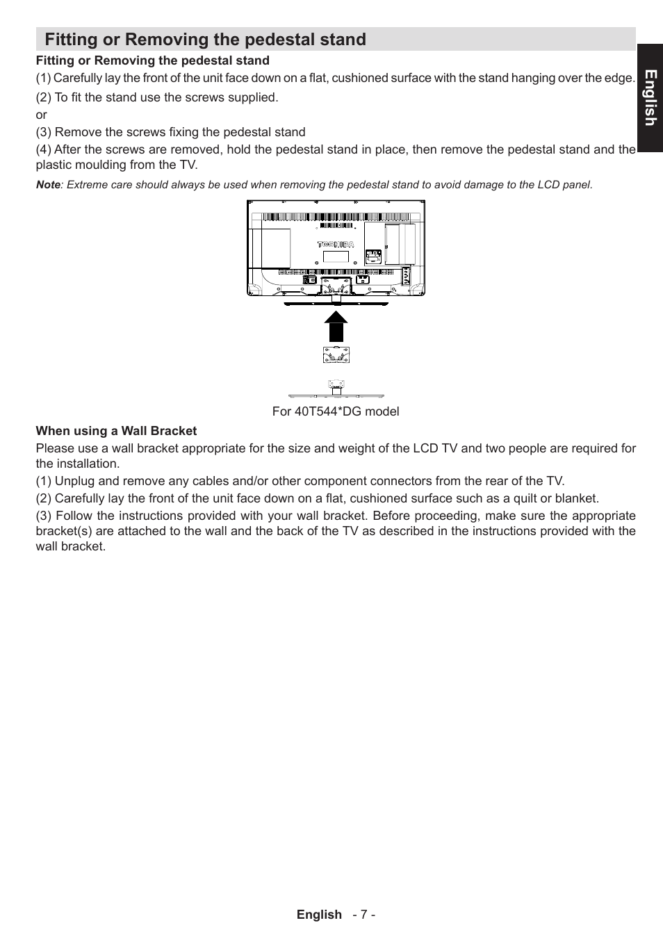 Fitting or removing the pedestal stand, English | Toshiba T5445 User Manual | Page 7 / 60