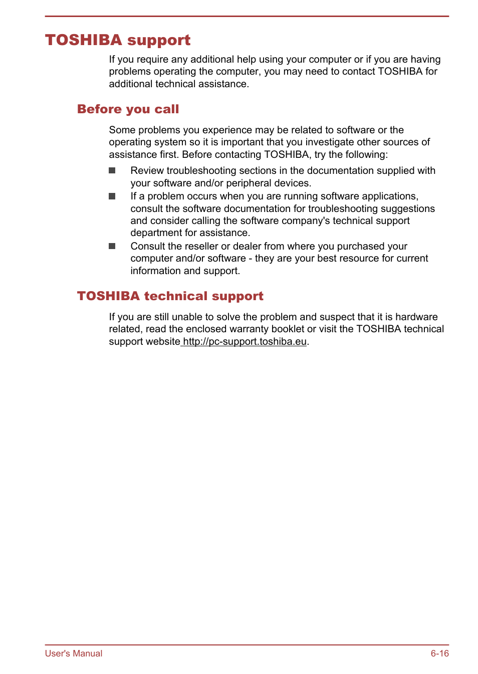 Toshiba support, Before you call, Toshiba technical support | Toshiba support -16 | Toshiba Satellite P70-B User Manual | Page 117 / 137