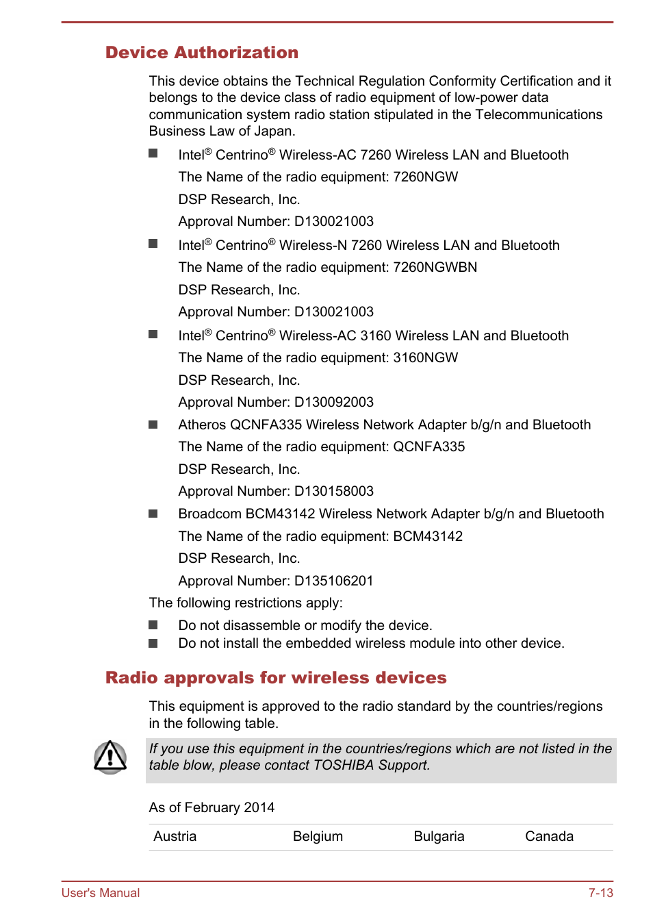 Device authorization, Radio approvals for wireless devices | Toshiba Satellite P70-B User Manual | Page 130 / 137