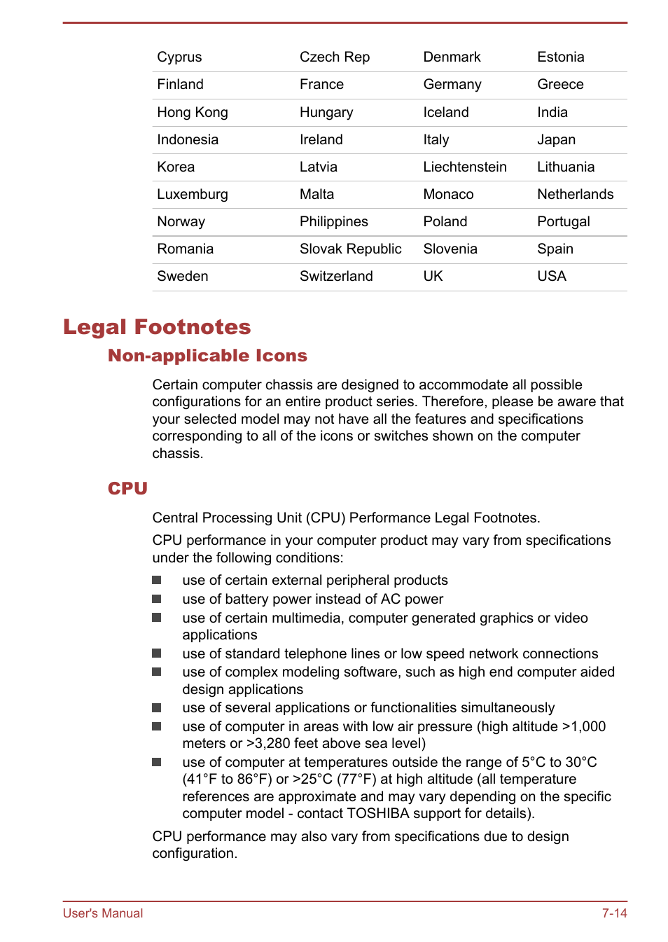 Legal footnotes, Non-applicable icons, Legal footnotes -14 | Legal, Footnotes, Section | Toshiba Satellite P70-B User Manual | Page 131 / 137