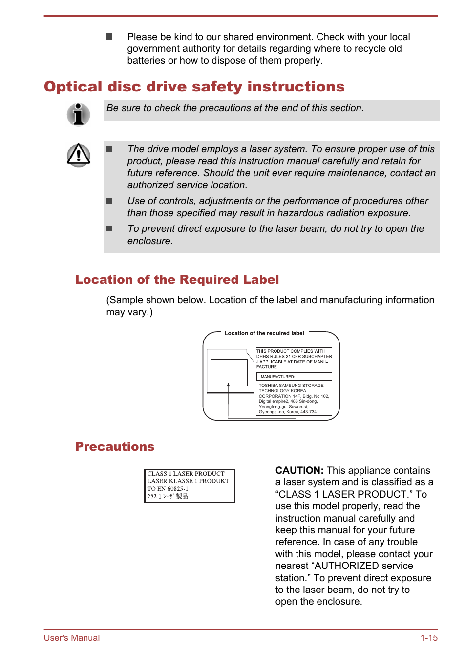 Optical disc drive safety instructions, Location of the required label, Precautions | Optical disc drive safety instructions -15 | Toshiba Satellite P70-B User Manual | Page 18 / 137