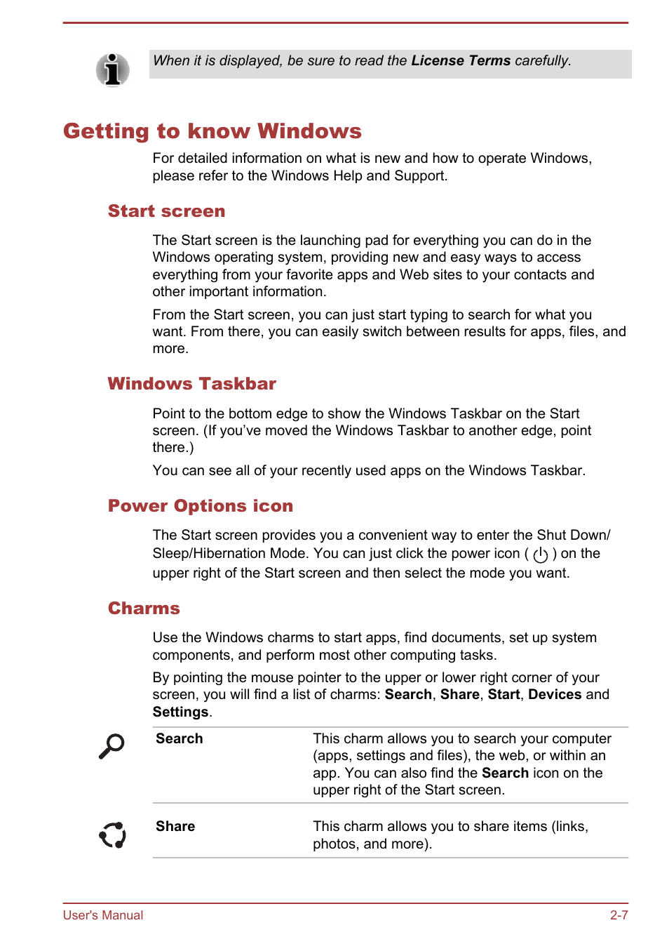 Getting to know windows, Start screen, Windows taskbar | Power options icon, Charms, Getting to know windows -7 | Toshiba Satellite P70-B User Manual | Page 29 / 137