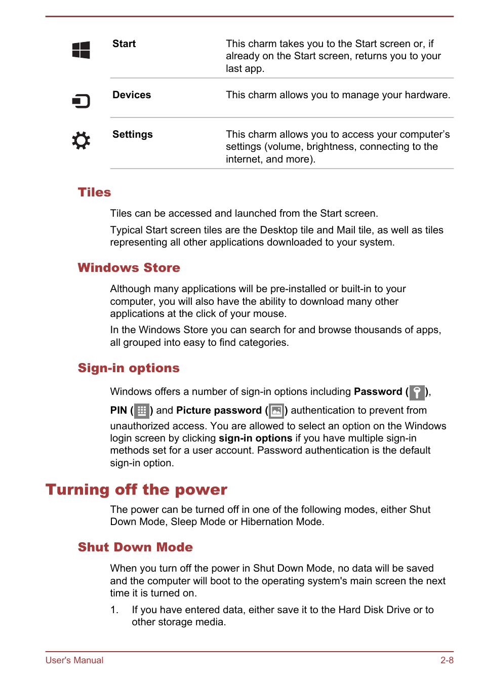 Tiles, Windows store, Sign-in options | Turning off the power, Shut down mode, Turning off the power -8 | Toshiba Satellite P70-B User Manual | Page 30 / 137