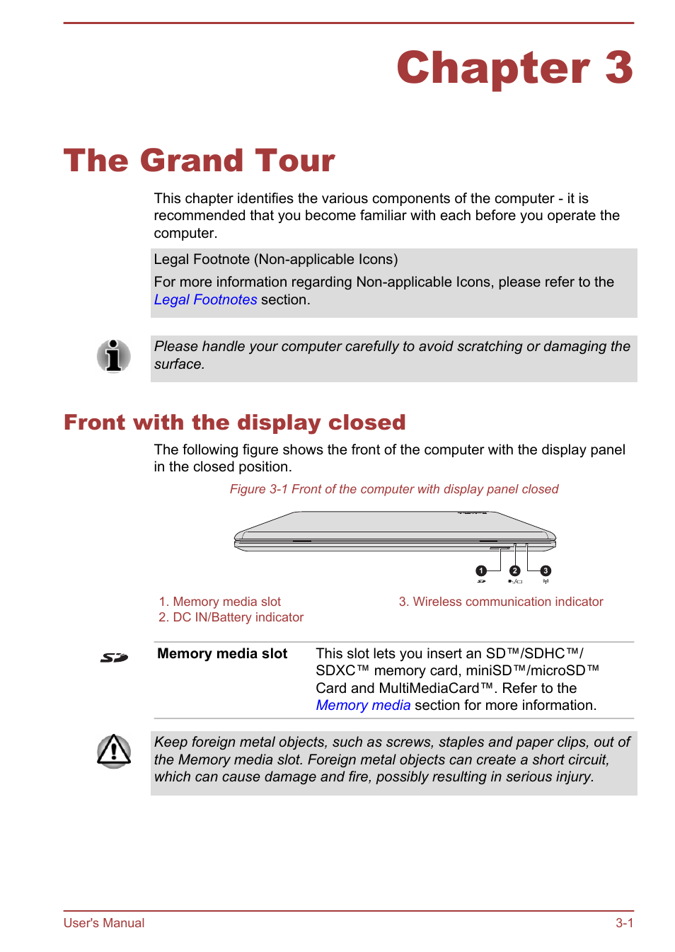 Chapter 3 the grand tour, Front with the display closed, Chapter 3 | The grand tour, Front with the display closed -1 | Toshiba Satellite P70-B User Manual | Page 35 / 137