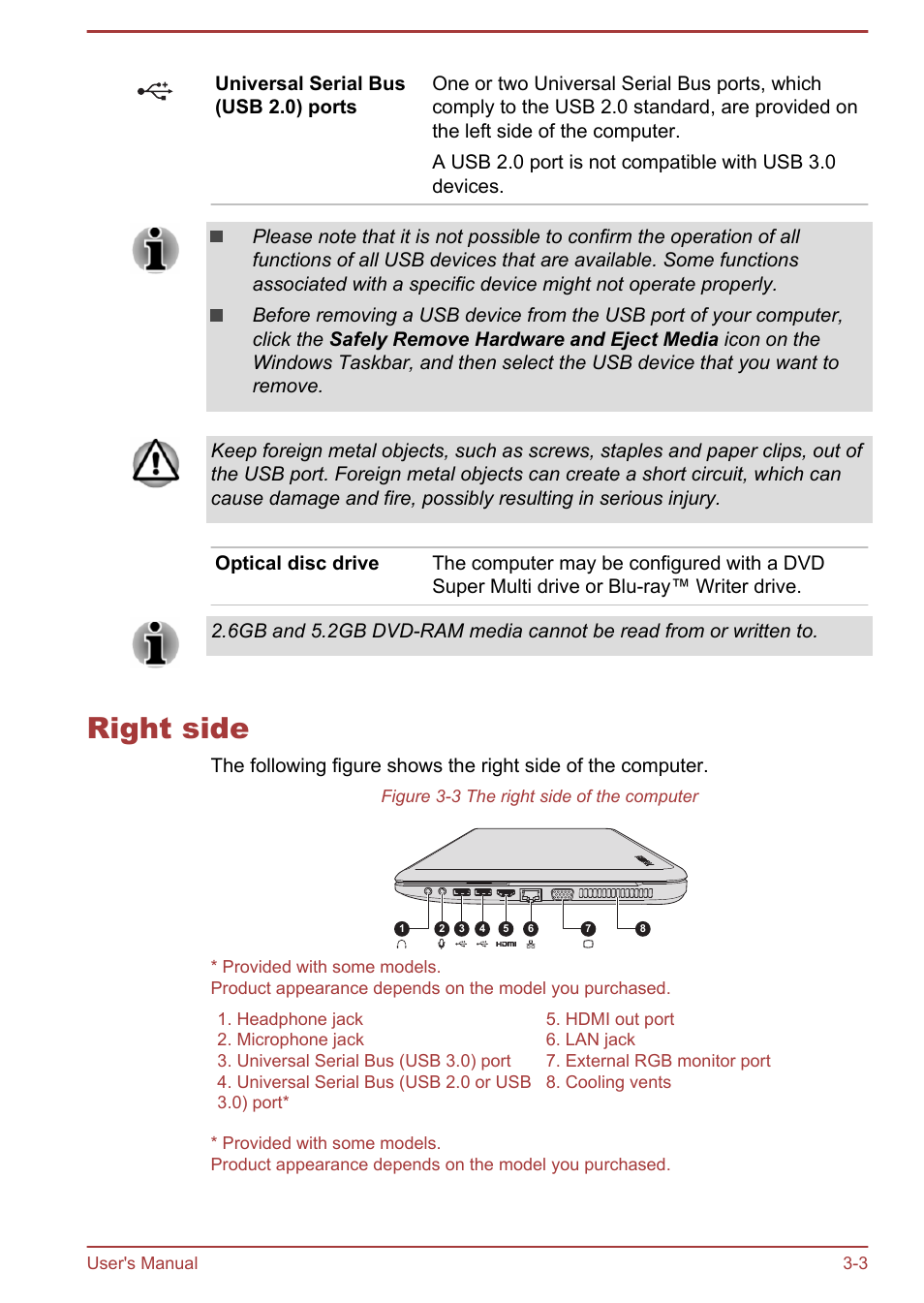 Right side, Right side -3 | Toshiba Satellite P70-B User Manual | Page 37 / 137