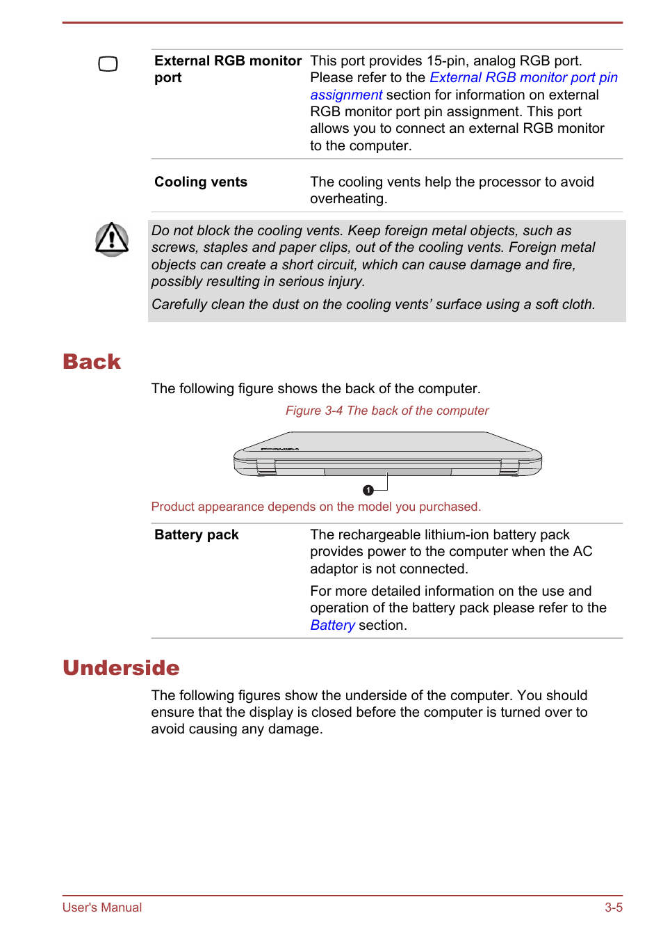 Back, Underside, Back -5 underside -5 | Toshiba Satellite P70-B User Manual | Page 39 / 137