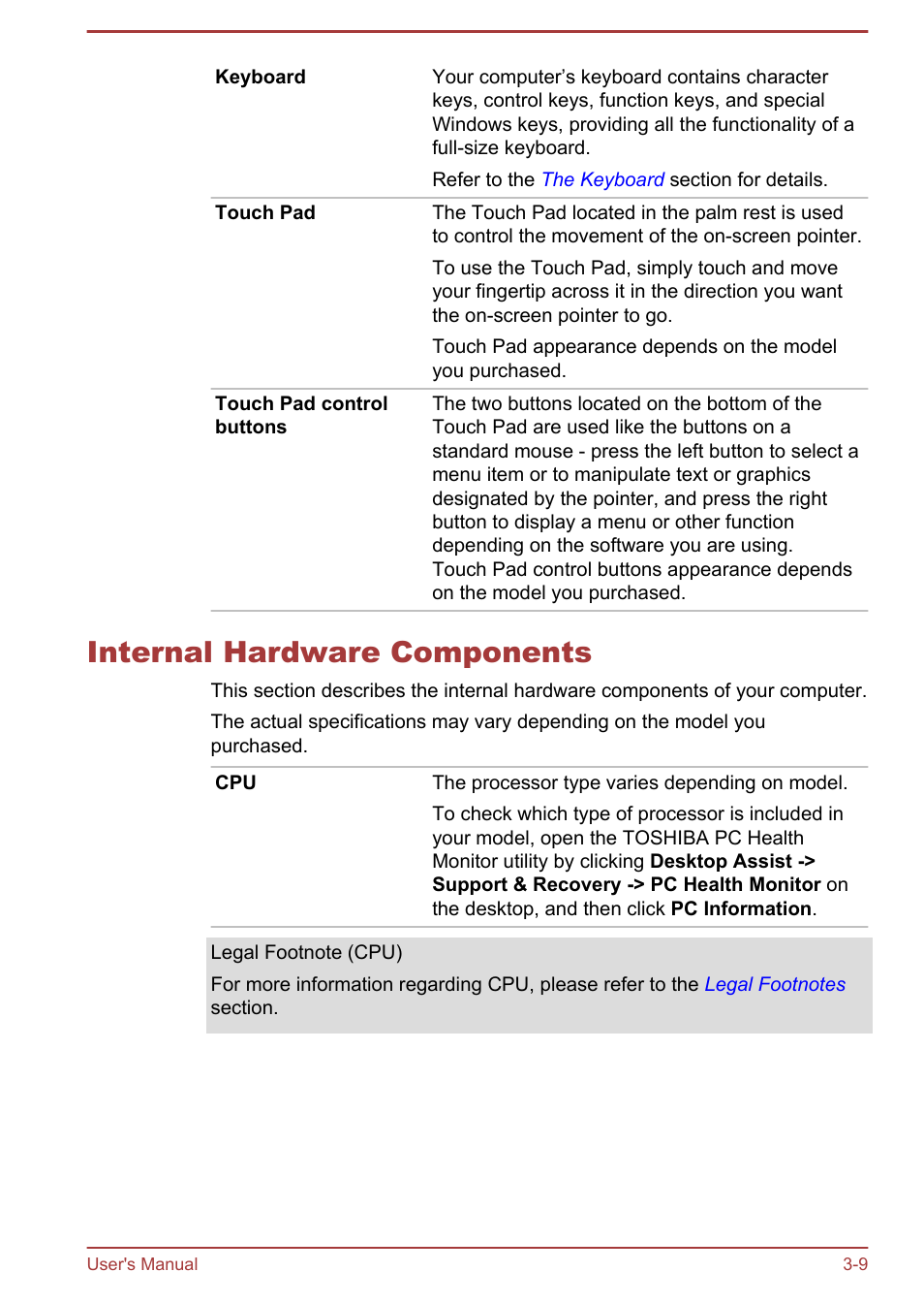 Internal hardware components, Internal hardware components -9 | Toshiba Satellite P70-B User Manual | Page 43 / 137