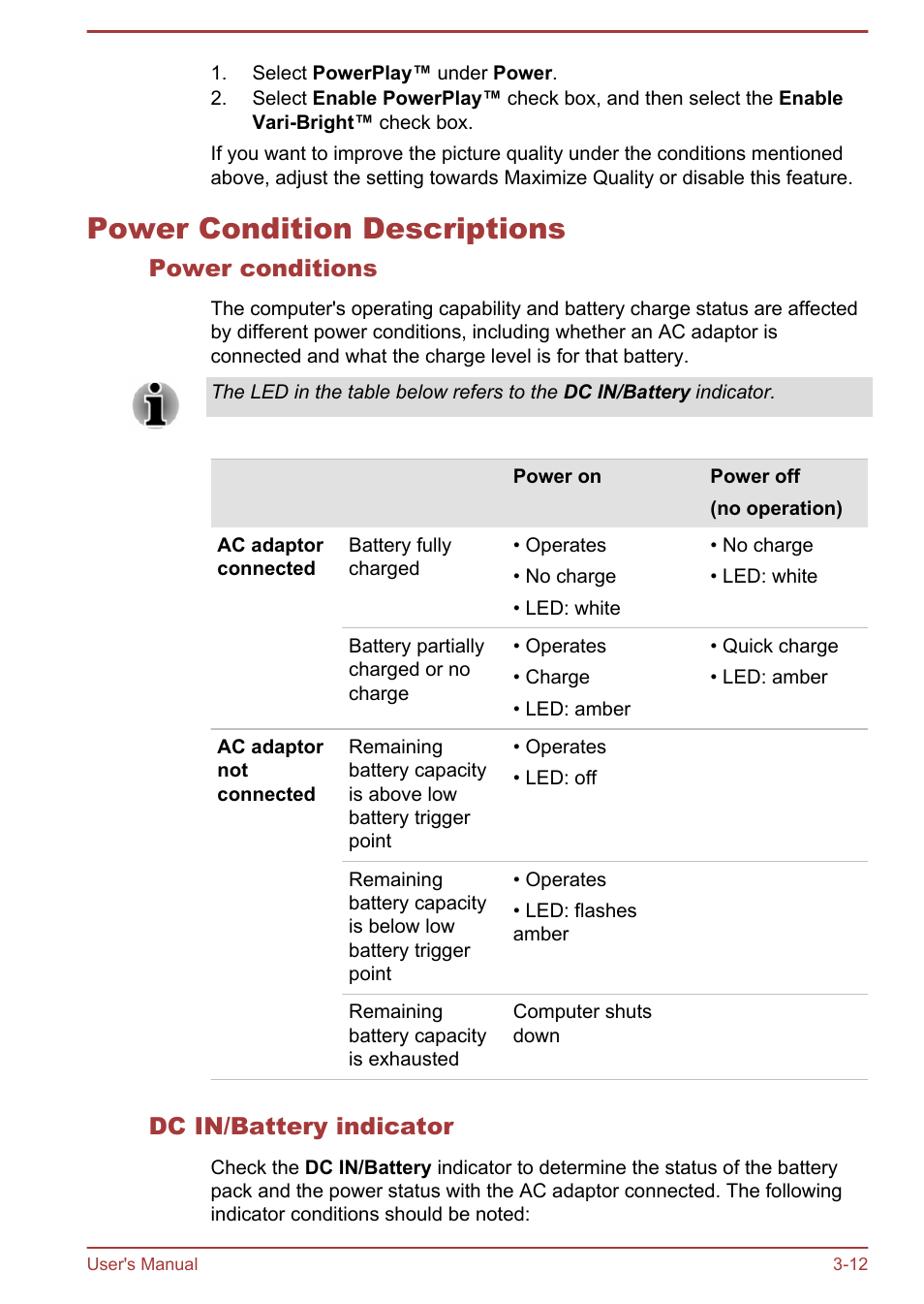 Power condition descriptions, Power conditions, Dc in/battery indicator | Power condition descriptions -12 | Toshiba Satellite P70-B User Manual | Page 46 / 137