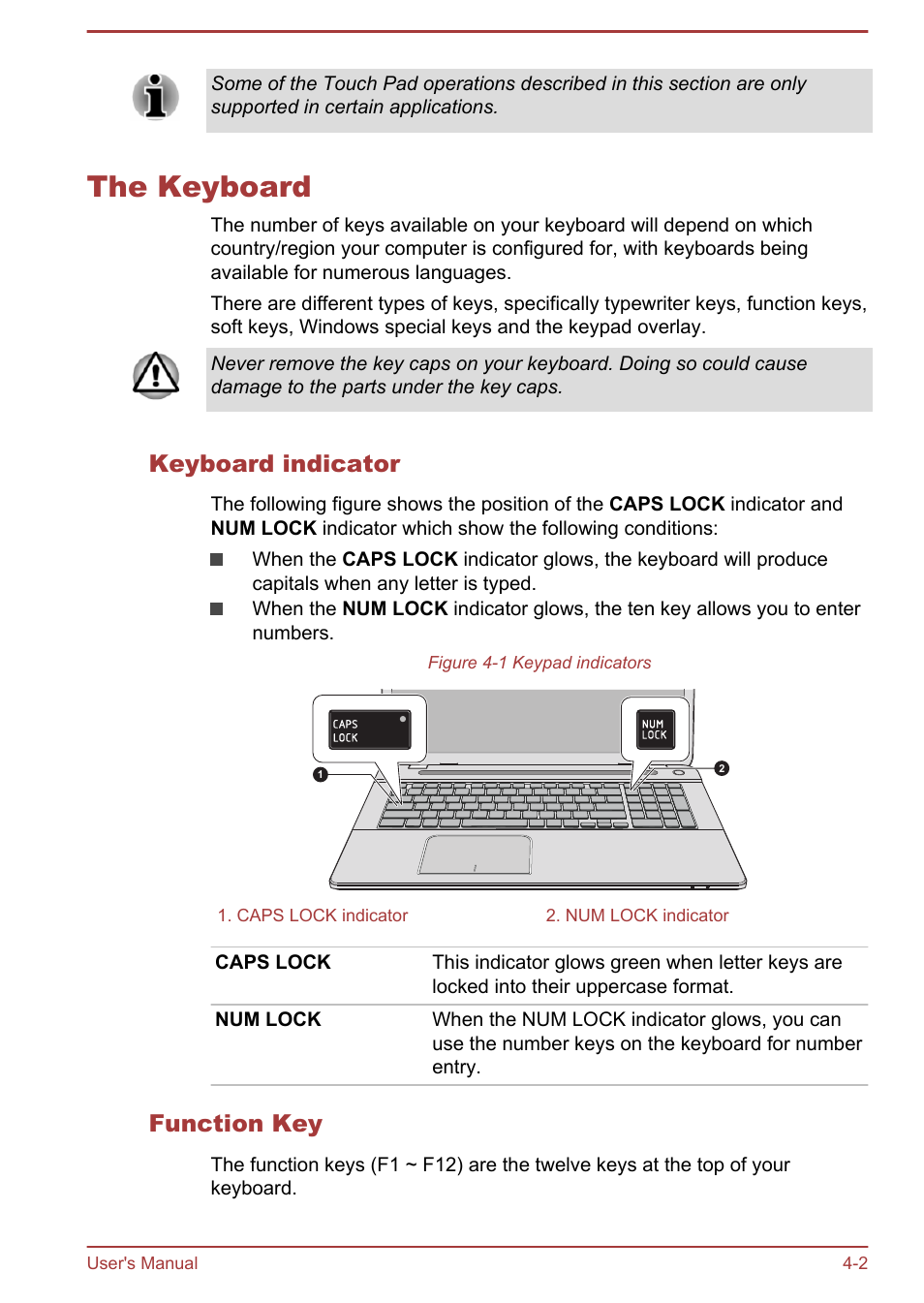 The keyboard, Keyboard indicator, Function key | The keyboard -2 | Toshiba Satellite P70-B User Manual | Page 49 / 137