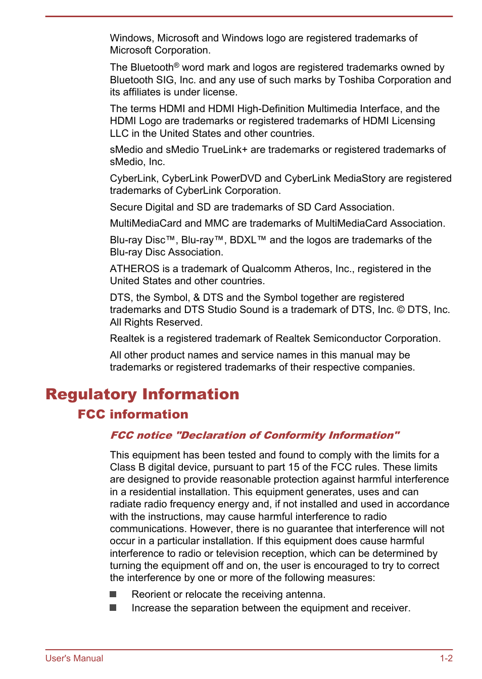 Regulatory information, Fcc information, Regulatory information -2 | Toshiba Satellite P70-B User Manual | Page 5 / 137