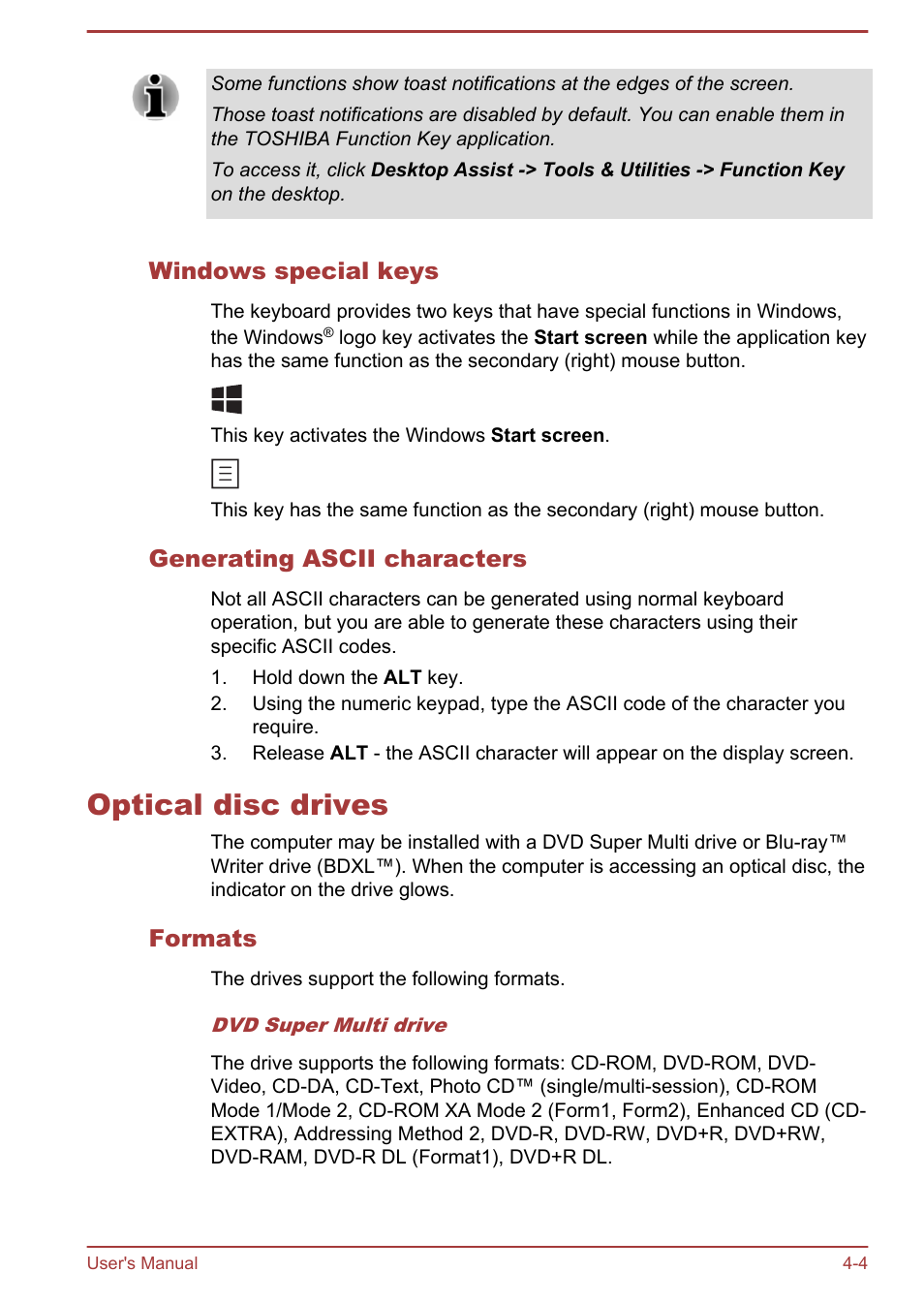 Windows special keys, Generating ascii characters, Optical disc drives | Formats, Optical disc drives -4 | Toshiba Satellite P70-B User Manual | Page 51 / 137