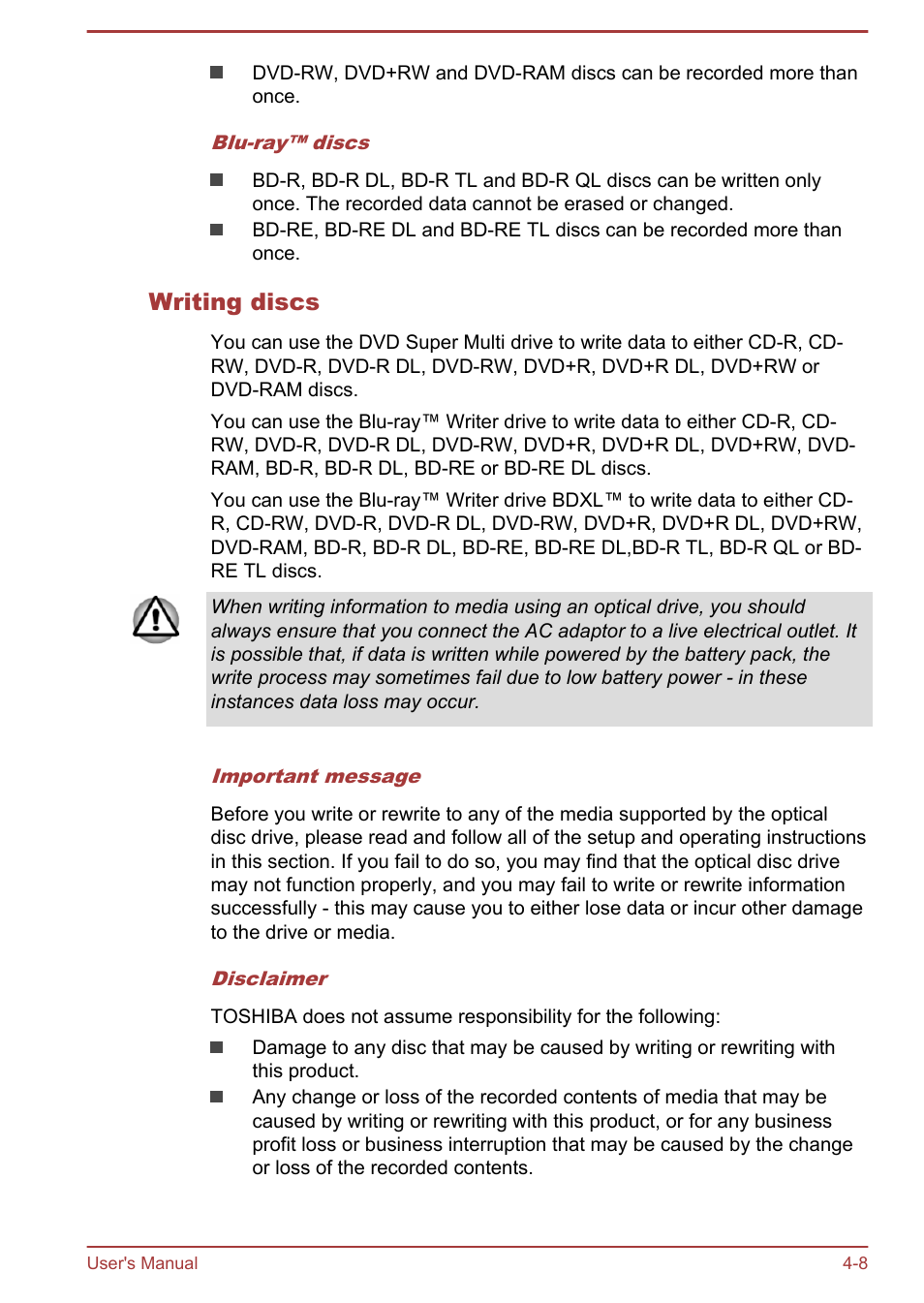 Writing discs | Toshiba Satellite P70-B User Manual | Page 55 / 137