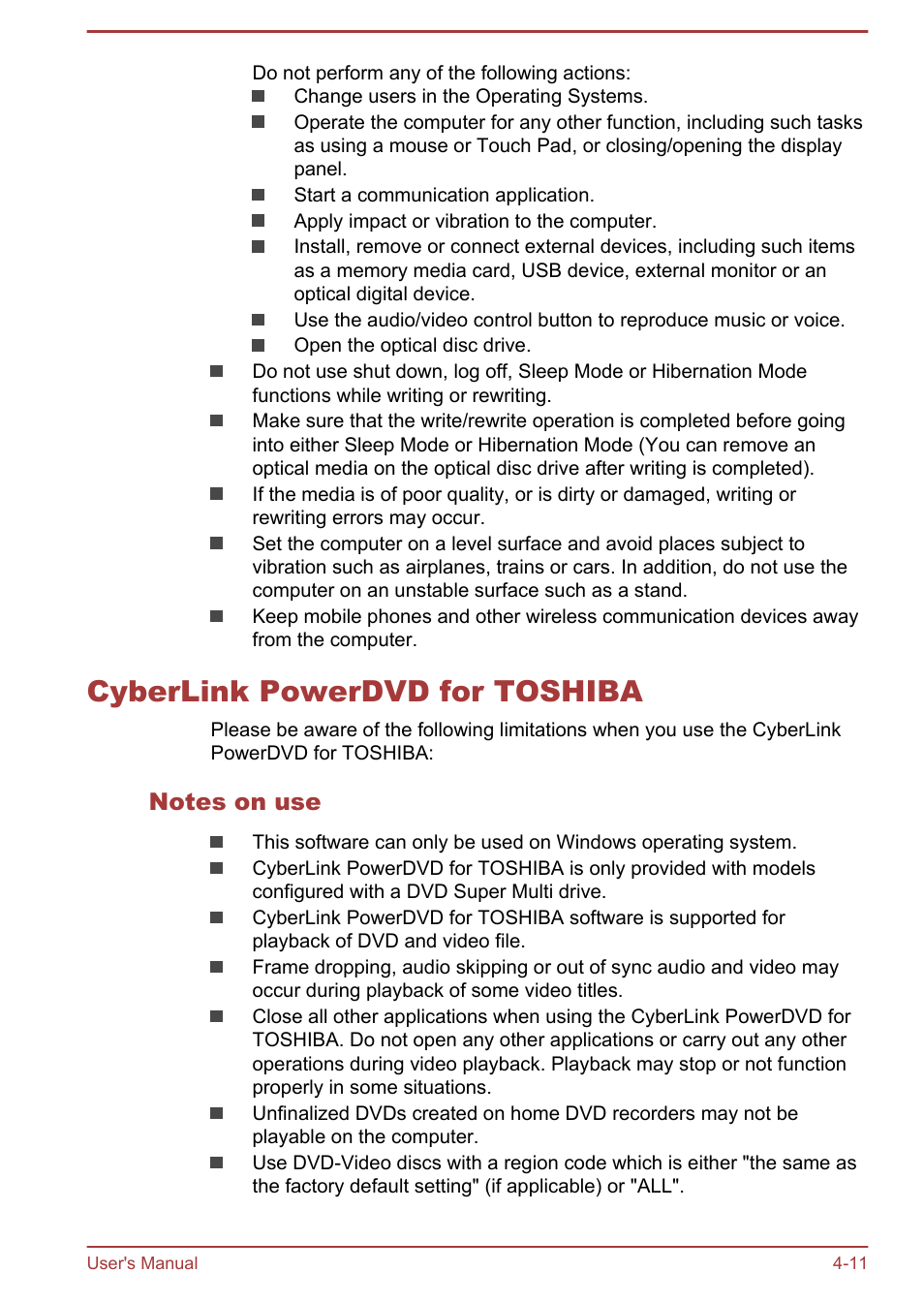 Cyberlink powerdvd for toshiba, Notes on use, Cyberlink powerdvd for toshiba -11 | Toshiba Satellite P70-B User Manual | Page 58 / 137