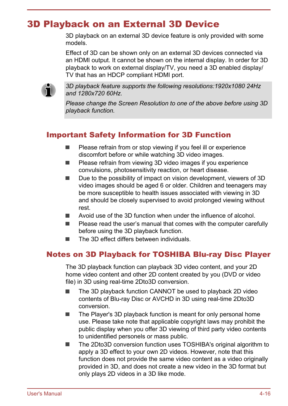 3d playback on an external 3d device, Important safety information for 3d function, 3d playback on an external 3d device -16 | Toshiba Satellite P70-B User Manual | Page 63 / 137