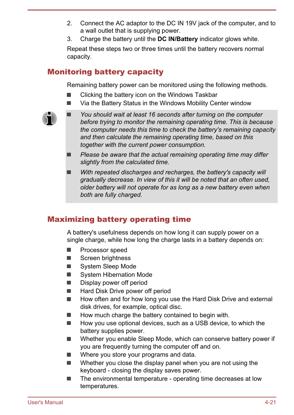Monitoring battery capacity, Maximizing battery operating time | Toshiba Satellite P70-B User Manual | Page 68 / 137