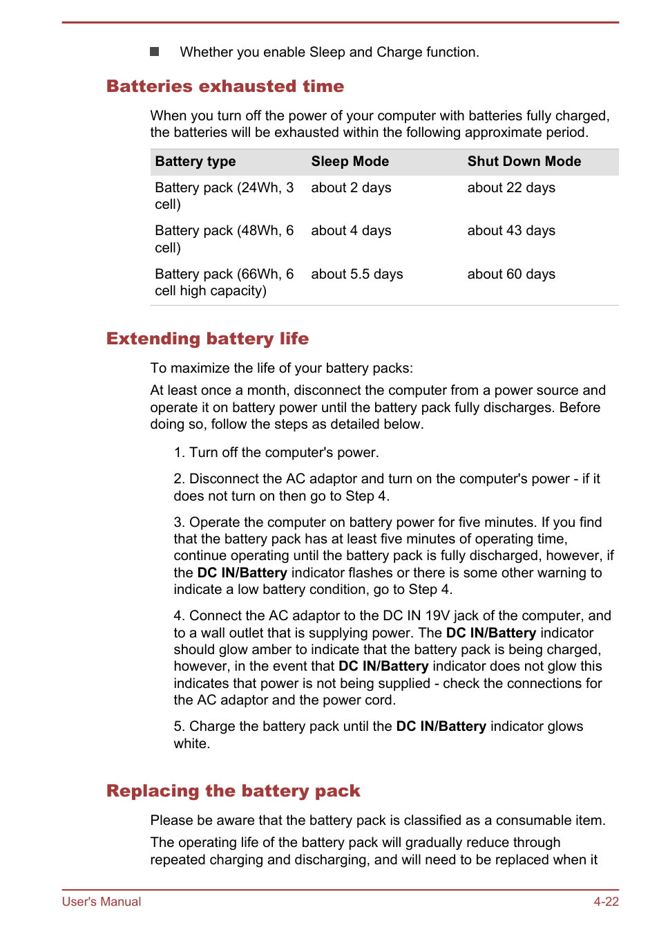 Batteries exhausted time, Extending battery life, Replacing the battery pack | Toshiba Satellite P70-B User Manual | Page 69 / 137