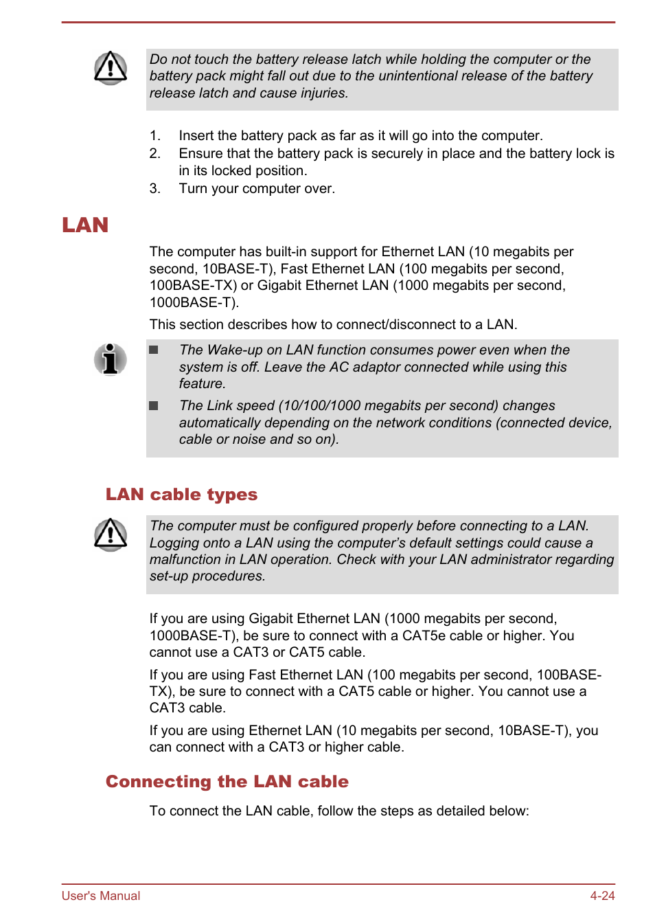 Lan cable types, Connecting the lan cable, Lan -24 | Toshiba Satellite P70-B User Manual | Page 71 / 137