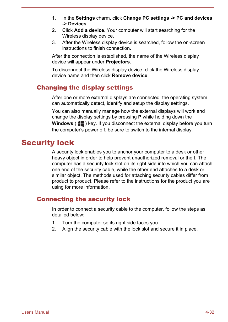 Changing the display settings, Security lock, Connecting the security lock | Security lock -32 | Toshiba Satellite P70-B User Manual | Page 79 / 137