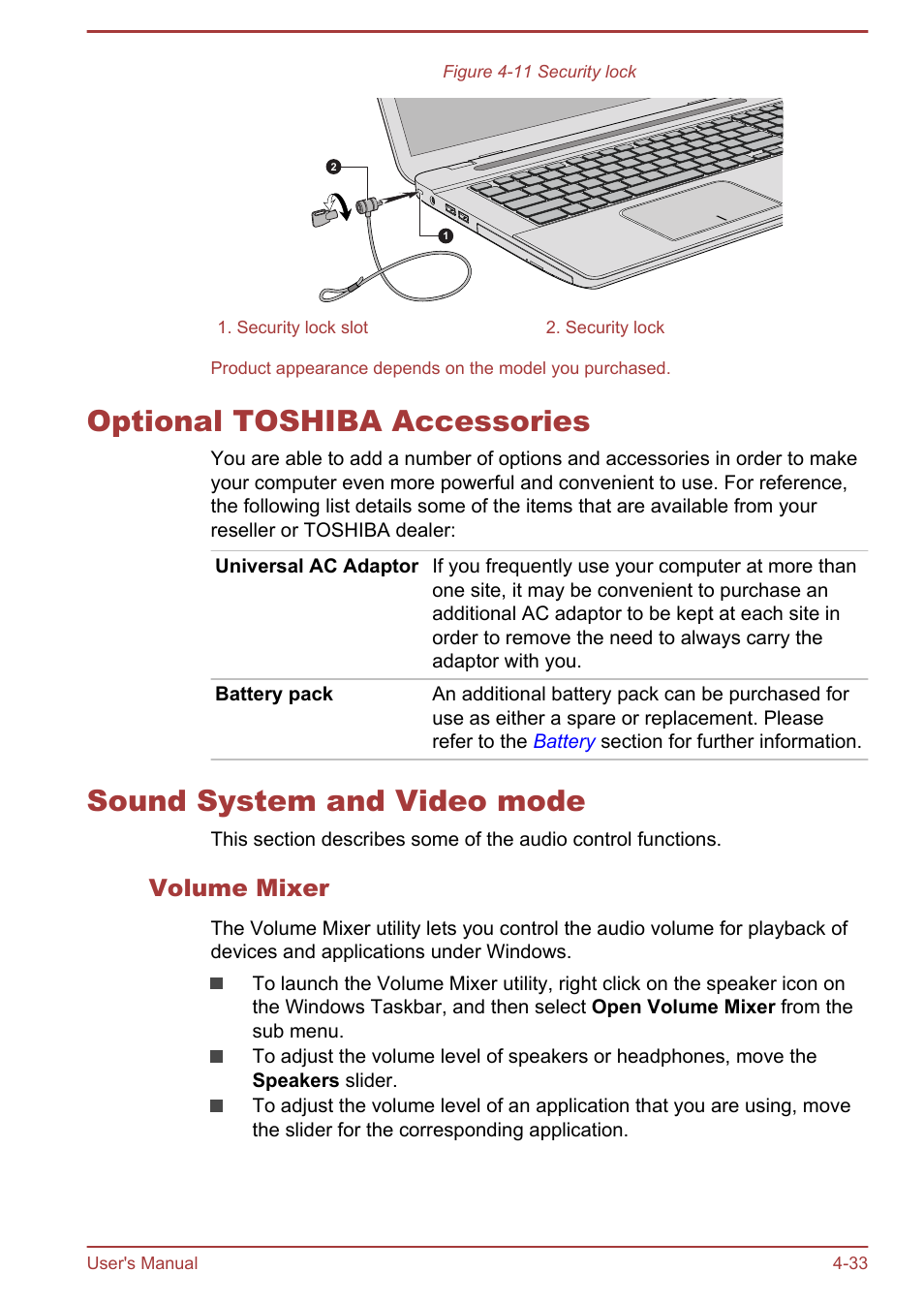 Optional toshiba accessories, Sound system and video mode, Volume mixer | Toshiba Satellite P70-B User Manual | Page 80 / 137
