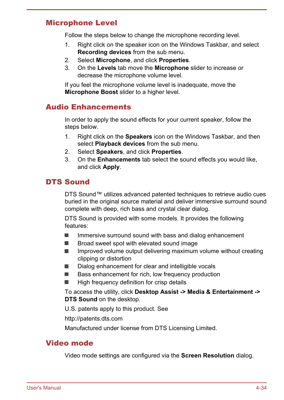 Microphone level, Audio enhancements, Dts sound | Video mode | Toshiba Satellite P70-B User Manual | Page 81 / 137