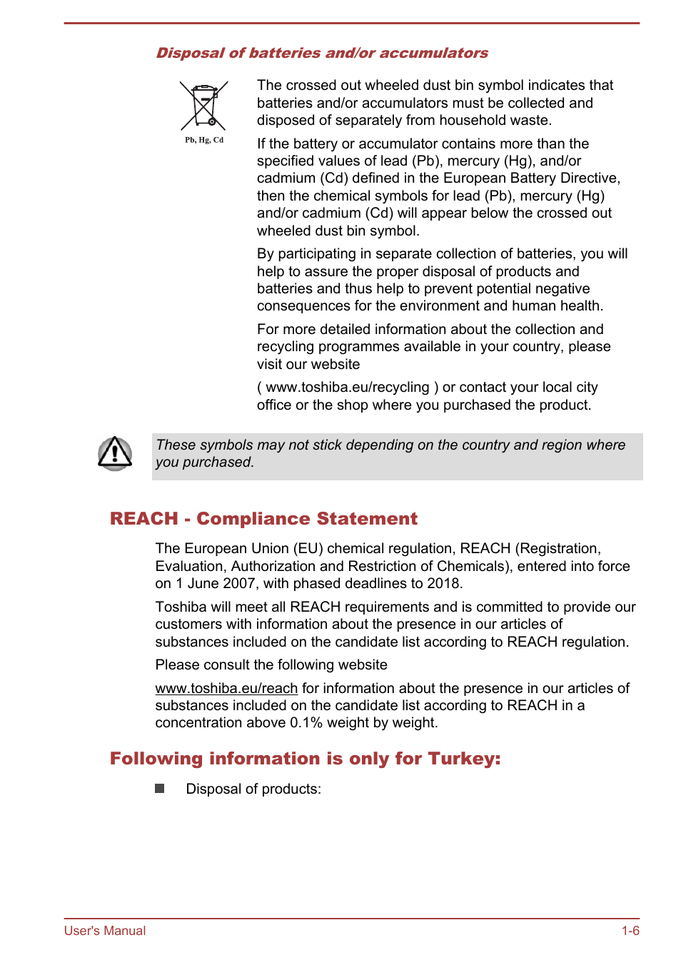 Reach - compliance statement, Following information is only for turkey | Toshiba Satellite P70-B User Manual | Page 9 / 137