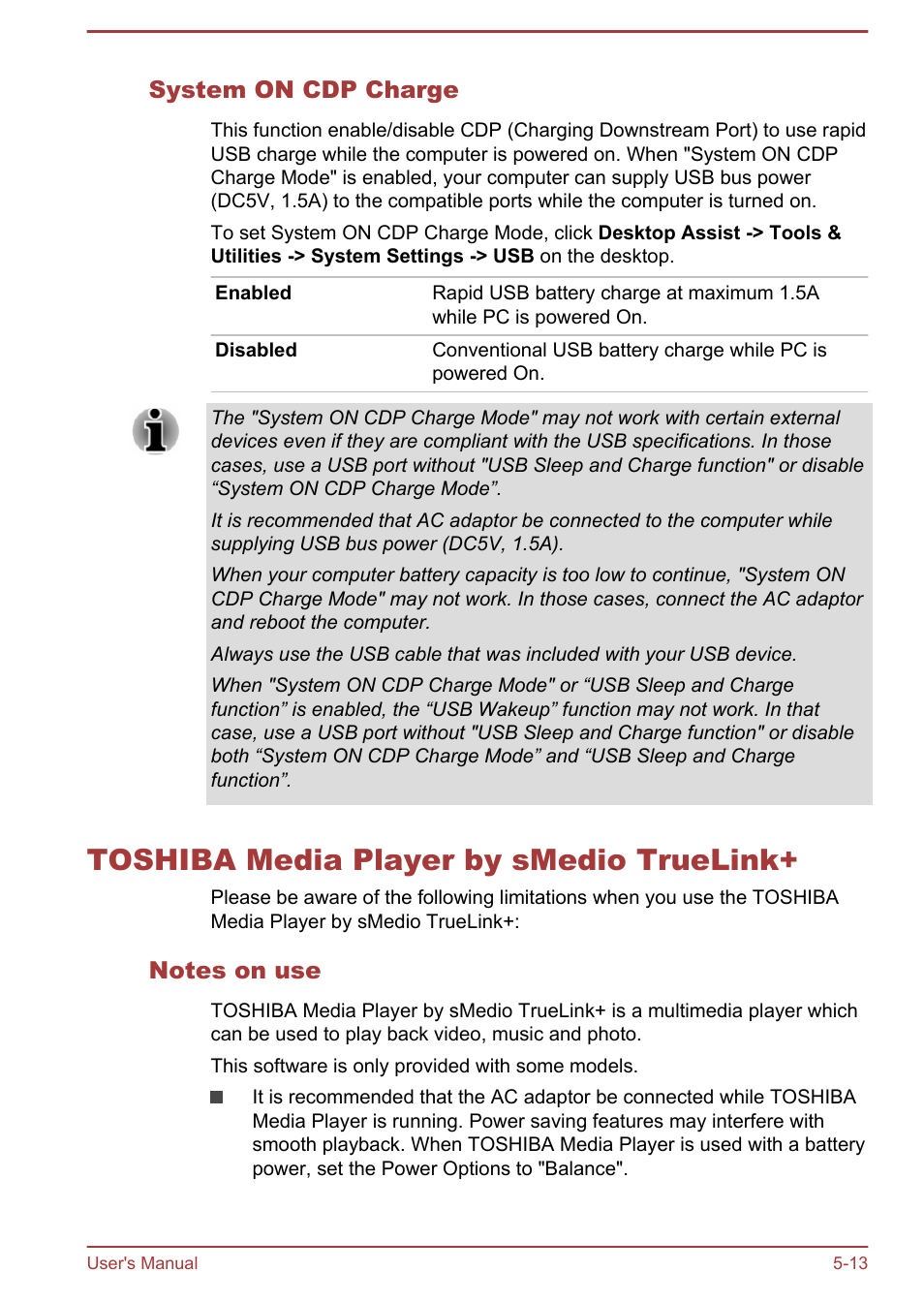 System on cdp charge, Toshiba media player by smedio truelink, Notes on use | Toshiba media player by smedio truelink+ -13 | Toshiba Satellite P70-B User Manual | Page 95 / 137