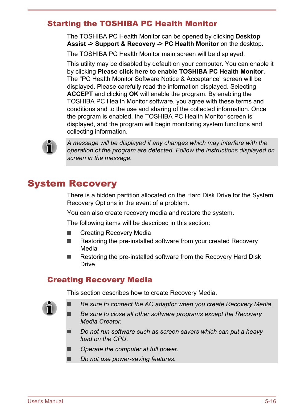 Starting the toshiba pc health monitor, System recovery, Creating recovery media | System recovery -16 | Toshiba Satellite P70-B User Manual | Page 98 / 137