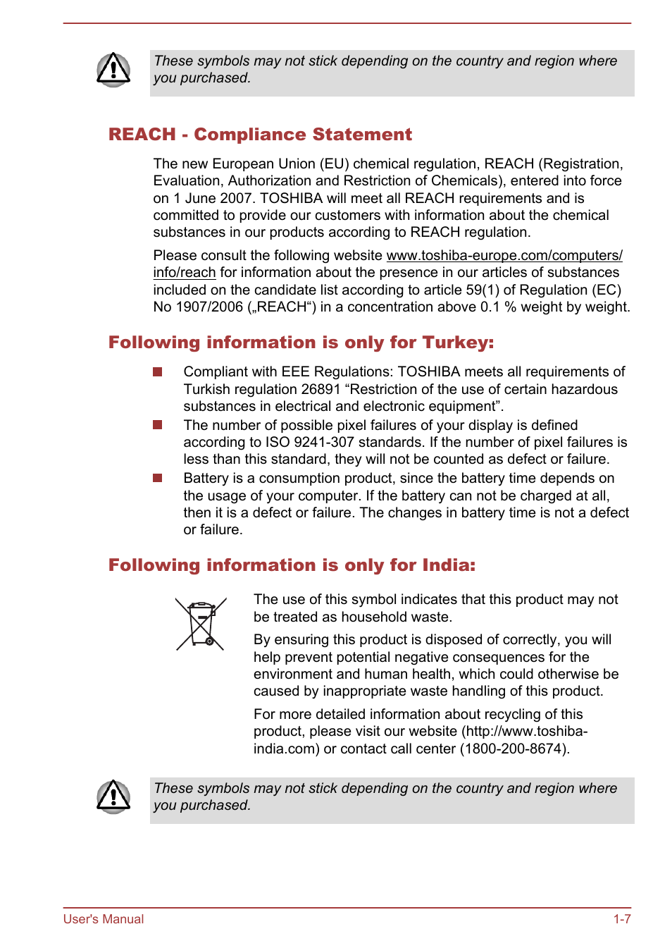 Reach - compliance statement, Following information is only for turkey, Following information is only for india | Toshiba Portege Z930-F User Manual | Page 10 / 132
