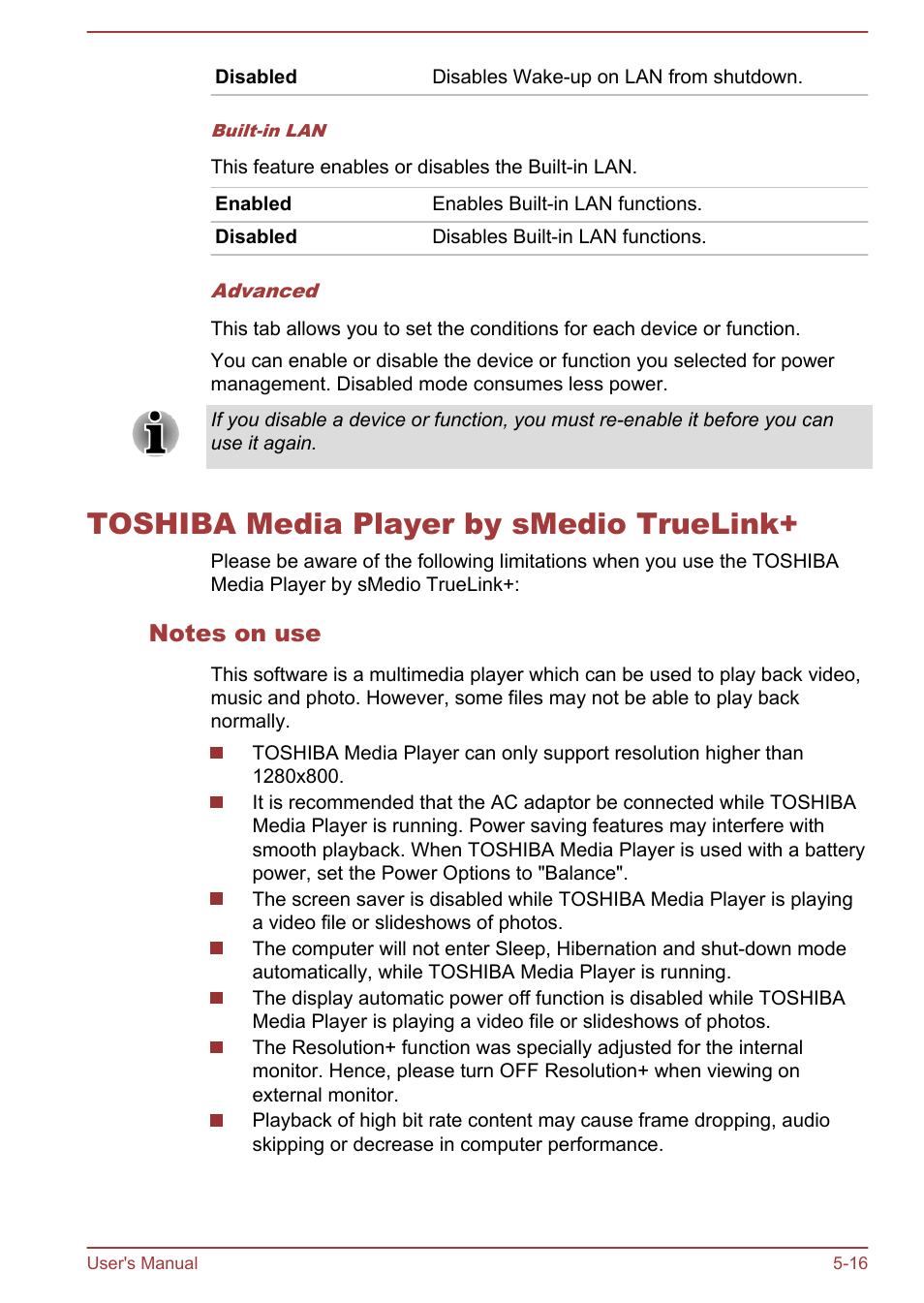 Toshiba media player by smedio truelink, Notes on use, Toshiba media player by smedio truelink+ -16 | Toshiba Portege Z930-F User Manual | Page 104 / 132