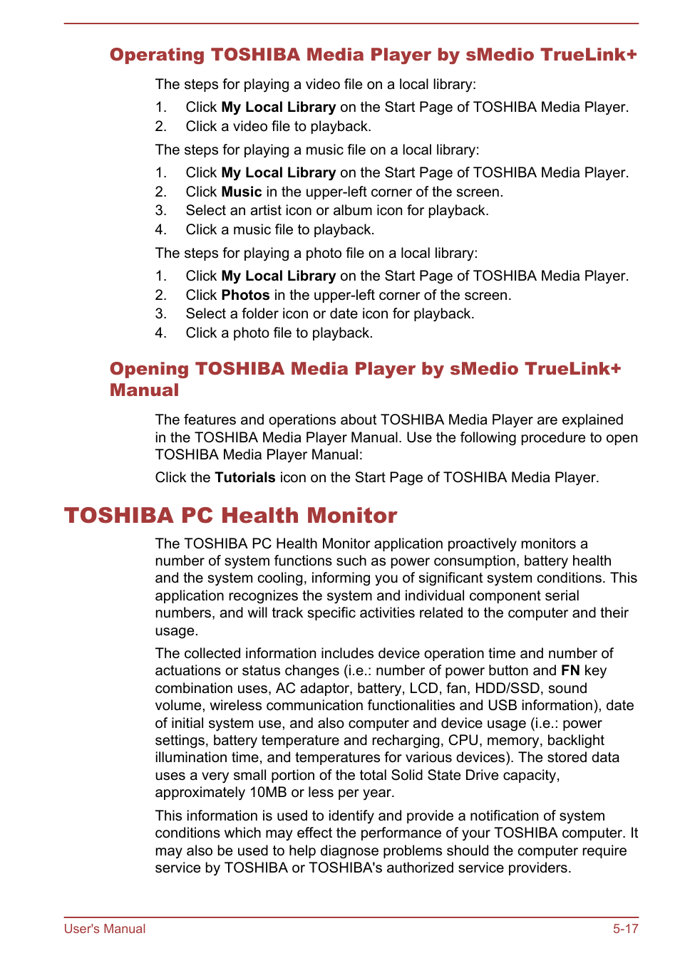 Operating toshiba media player by smedio truelink, Toshiba pc health monitor, Toshiba pc health monitor -17 | Toshiba Portege Z930-F User Manual | Page 105 / 132