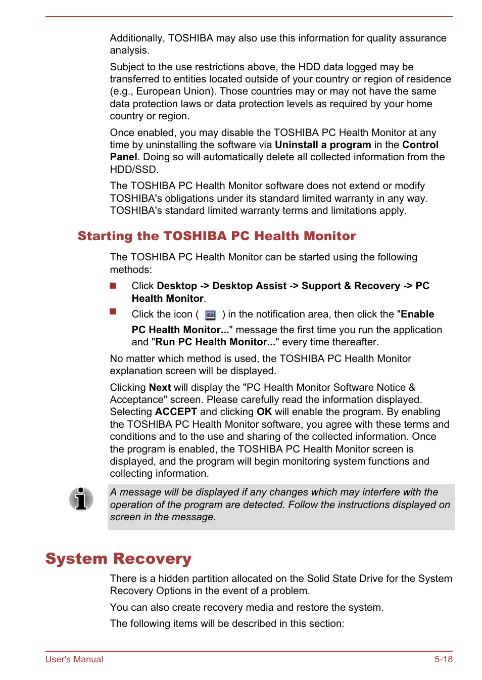 Starting the toshiba pc health monitor, System recovery, System recovery -18 | Toshiba Portege Z930-F User Manual | Page 106 / 132