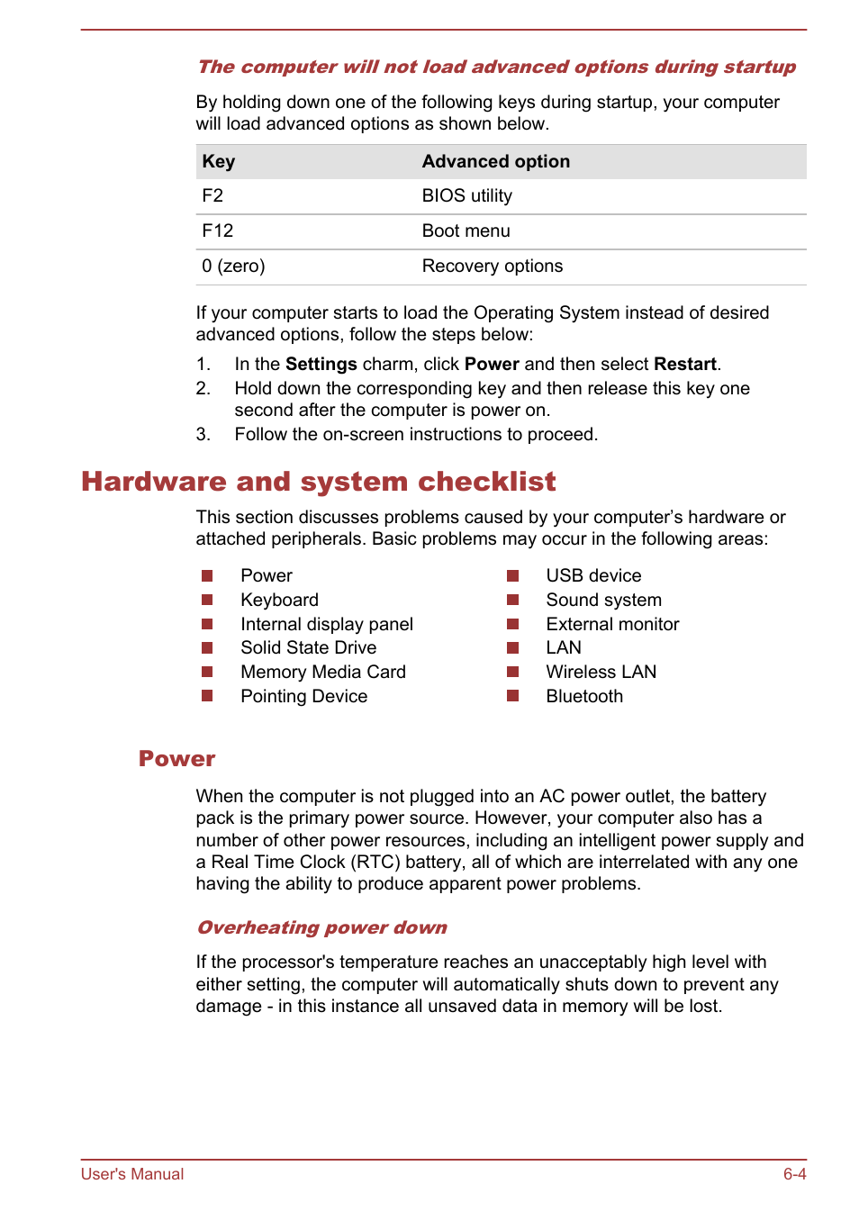 Hardware and system checklist, Power, Hardware and system checklist -4 | Toshiba Portege Z930-F User Manual | Page 114 / 132