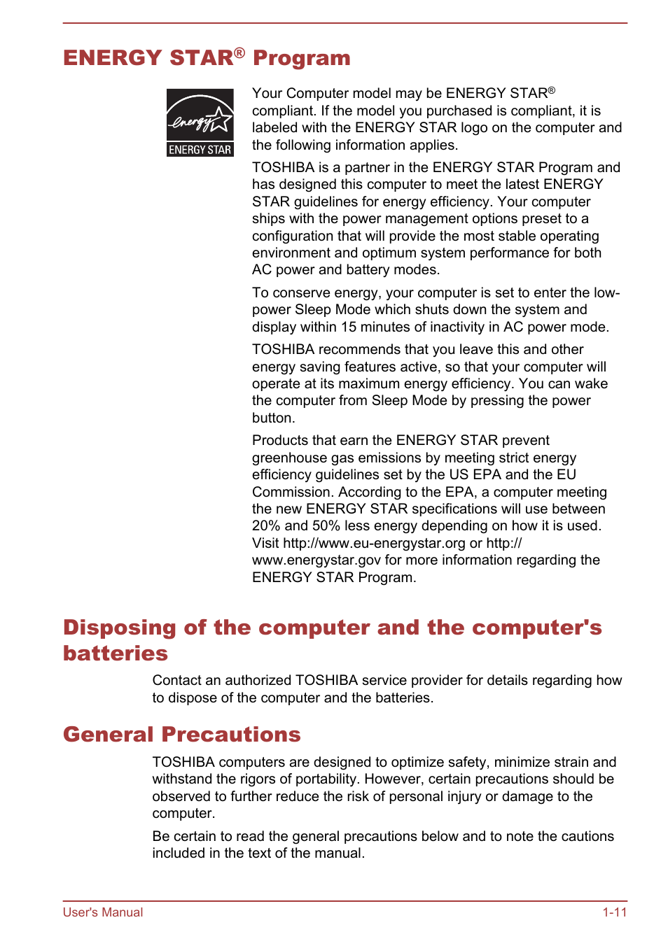 Energy star® program, General precautions, Energy star | Program | Toshiba Portege Z930-F User Manual | Page 14 / 132