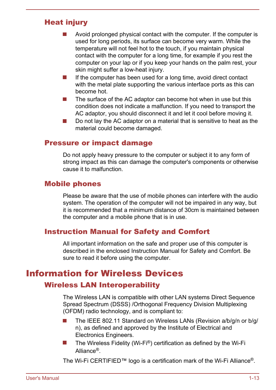 Heat injury, Pressure or impact damage, Mobile phones | Instruction manual for safety and comfort, Information for wireless devices, Wireless lan interoperability, Information for wireless devices -13 | Toshiba Portege Z930-F User Manual | Page 16 / 132