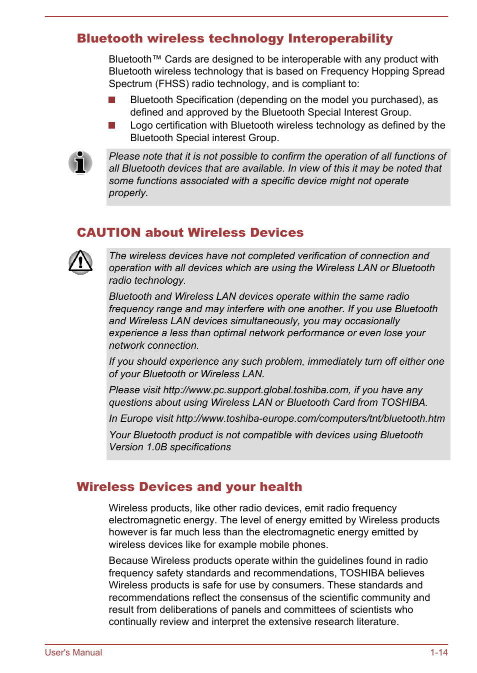 Bluetooth wireless technology interoperability, Caution about wireless devices, Wireless devices and your health | Toshiba Portege Z930-F User Manual | Page 17 / 132