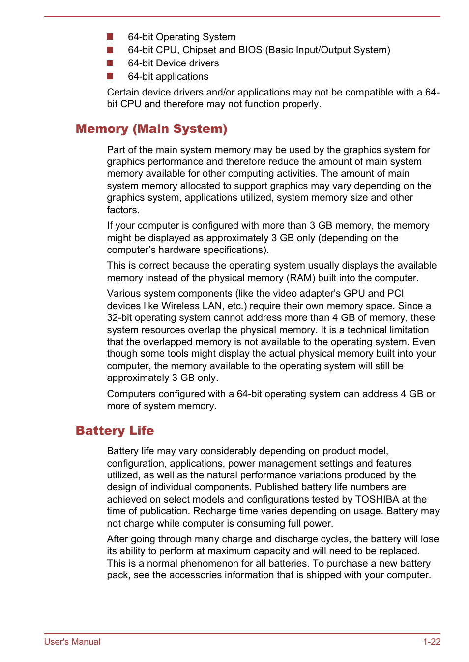 Memory (main system), Battery life | Toshiba Portege Z930-F User Manual | Page 25 / 132