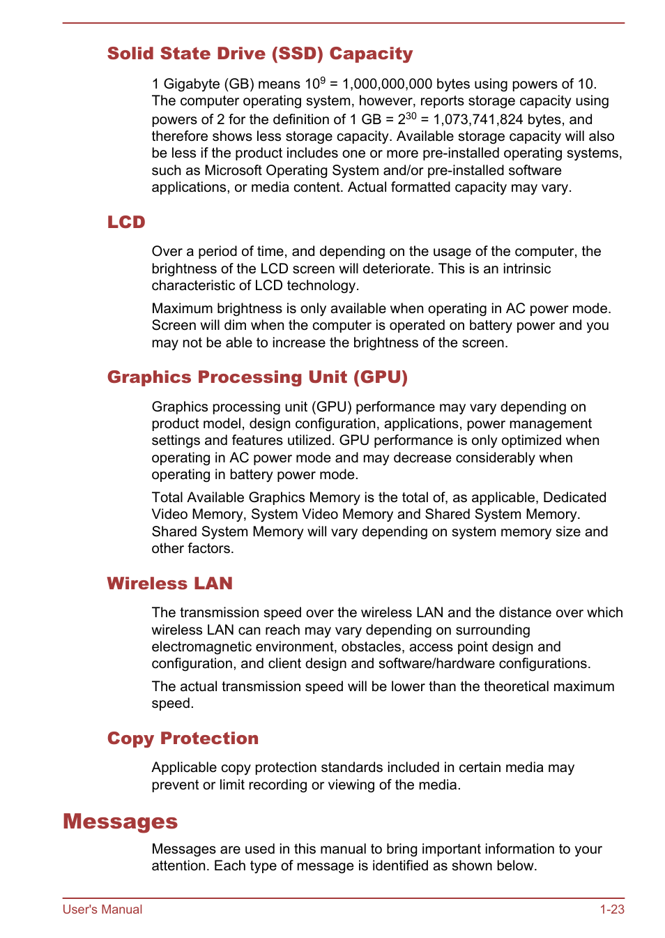 Solid state drive (ssd) capacity, Graphics processing unit (gpu), Wireless lan | Copy protection, Messages, Messages -23 | Toshiba Portege Z930-F User Manual | Page 26 / 132