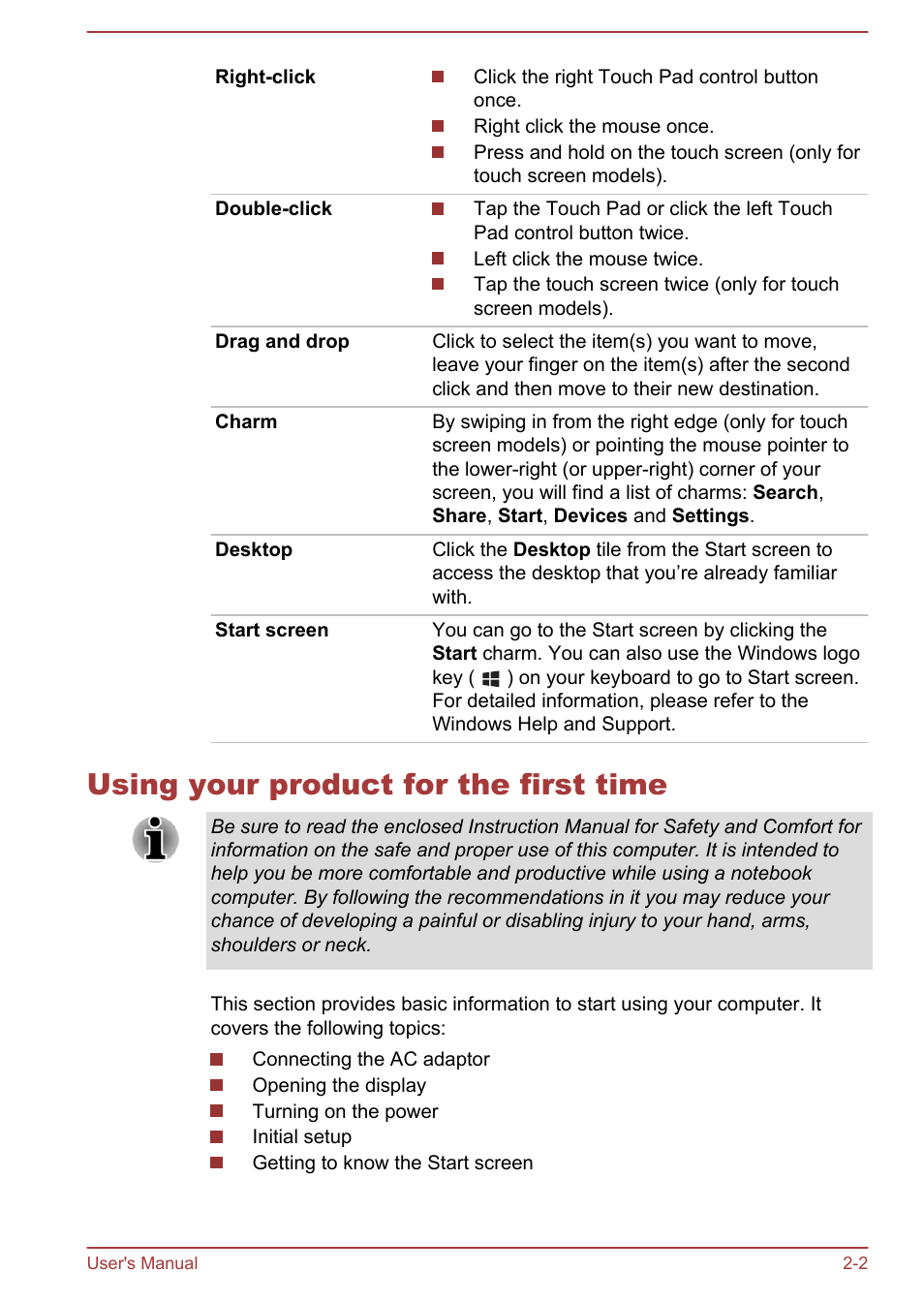 Using your product for the first time, Using your product for the first time -2 | Toshiba Portege Z930-F User Manual | Page 29 / 132