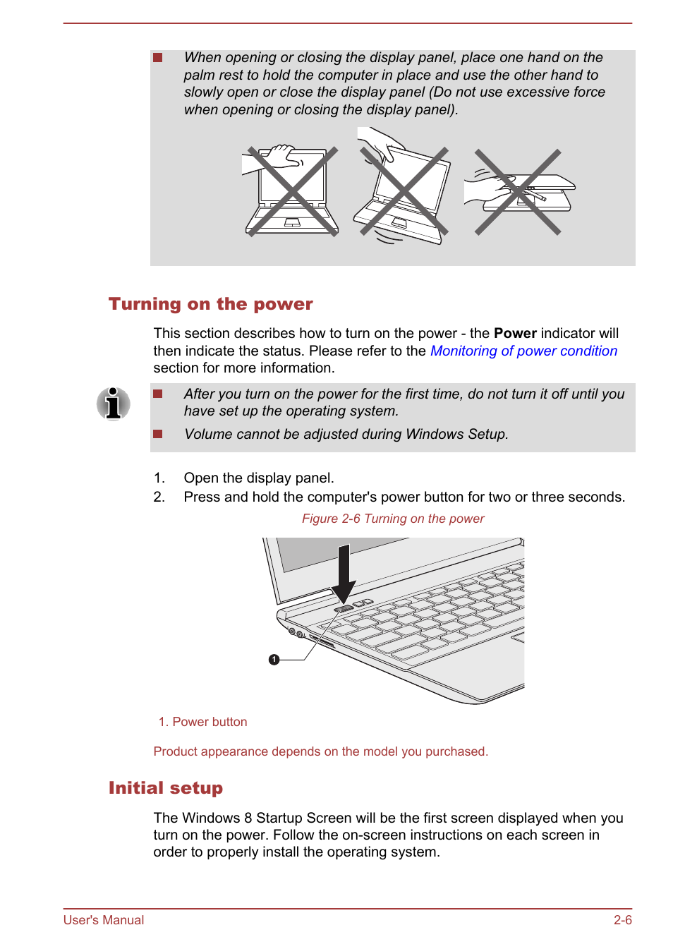 Turning on the power, Initial setup | Toshiba Portege Z930-F User Manual | Page 33 / 132