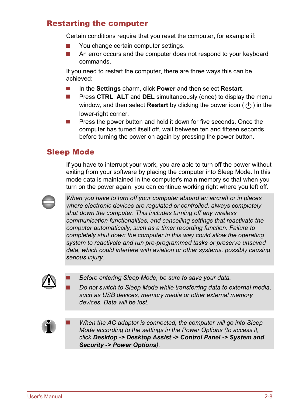 Restarting the computer, Sleep mode | Toshiba Portege Z930-F User Manual | Page 35 / 132