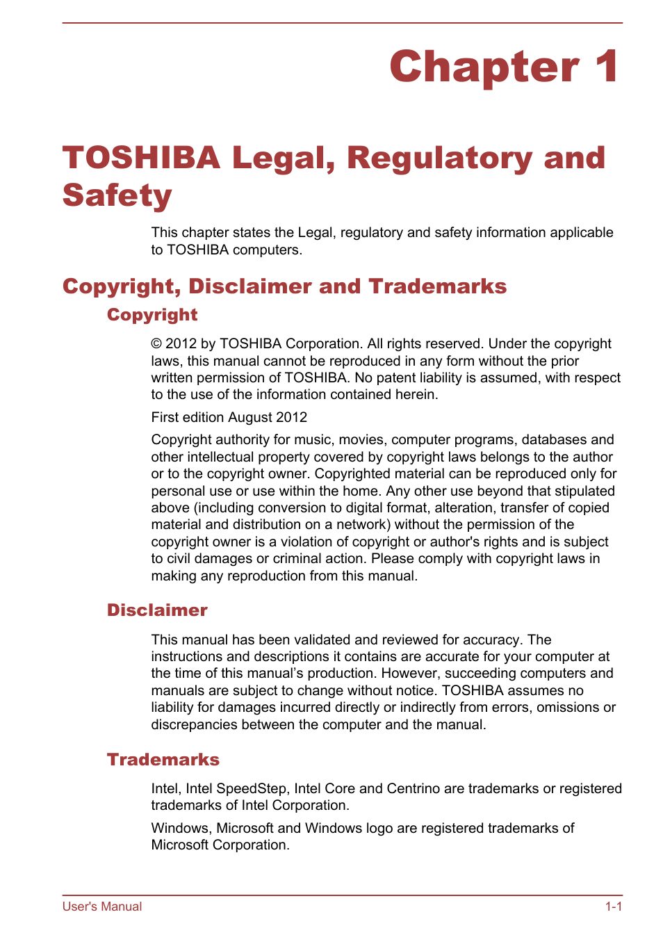 Chapter 1 toshiba legal, regulatory and safety, Copyright, disclaimer and trademarks, Copyright | Disclaimer, Trademarks, Chapter 1, Toshiba legal, regulatory and safety, Copyright, disclaimer and trademarks -1 | Toshiba Portege Z930-F User Manual | Page 4 / 132