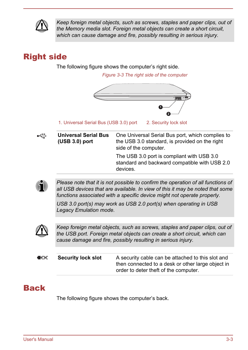 Right side, Back, Right side -3 back -3 | Toshiba Portege Z930-F User Manual | Page 41 / 132