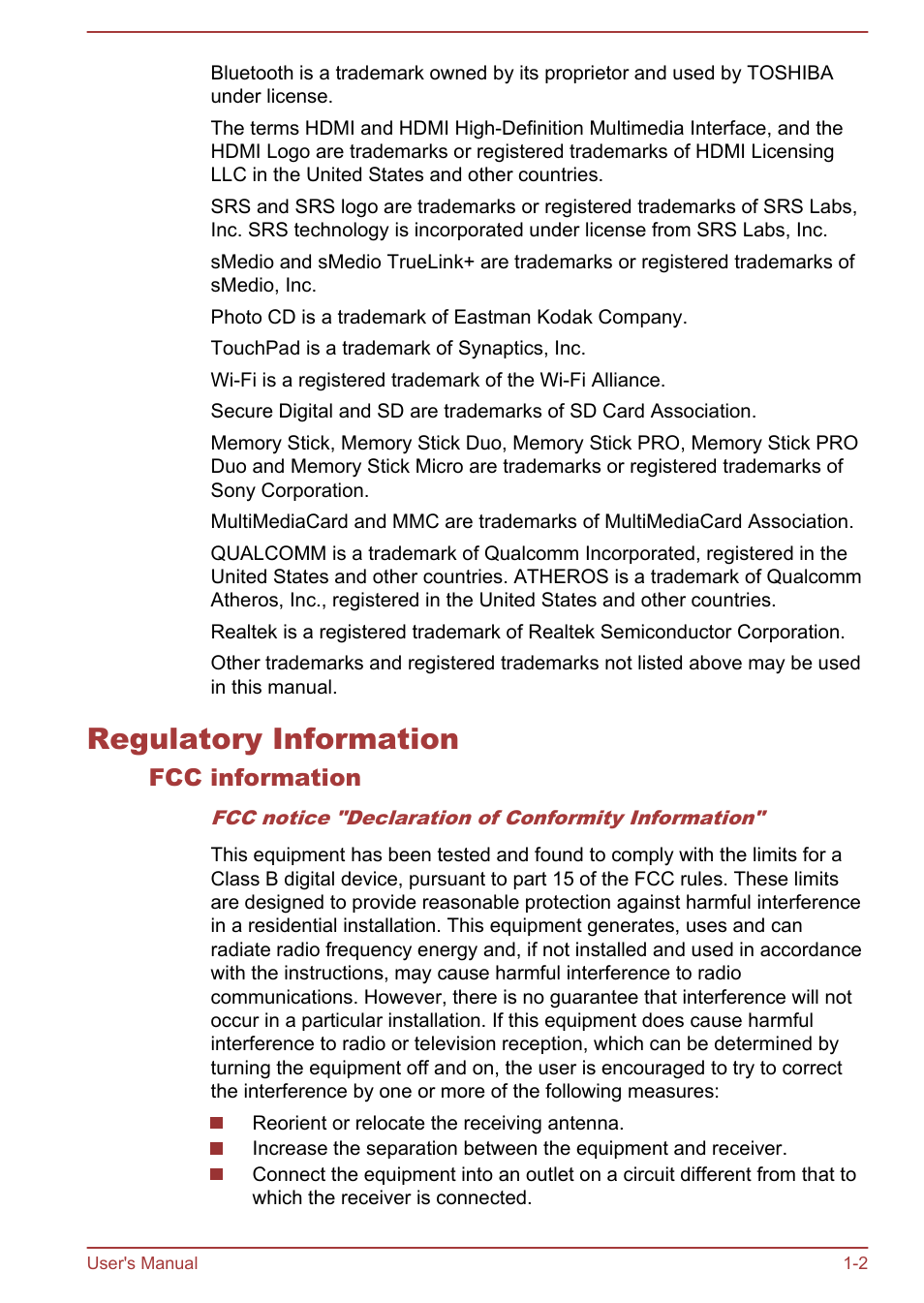 Regulatory information, Fcc information, Regulatory information -2 | Toshiba Portege Z930-F User Manual | Page 5 / 132