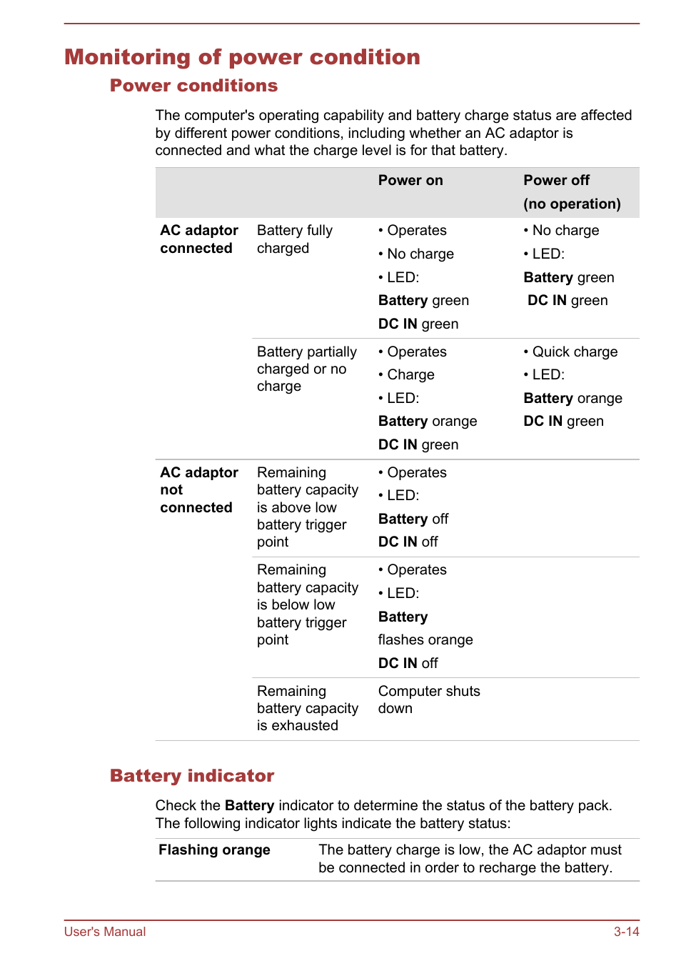 Monitoring of power condition, Power conditions, Battery indicator | Monitoring of power condition -14 | Toshiba Portege Z930-F User Manual | Page 52 / 132
