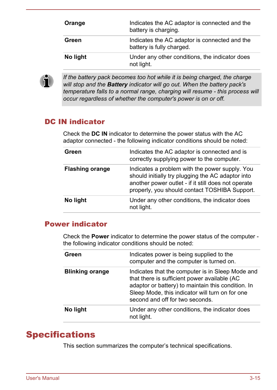Dc in indicator, Power indicator, Specifications | Specifications -15 | Toshiba Portege Z930-F User Manual | Page 53 / 132