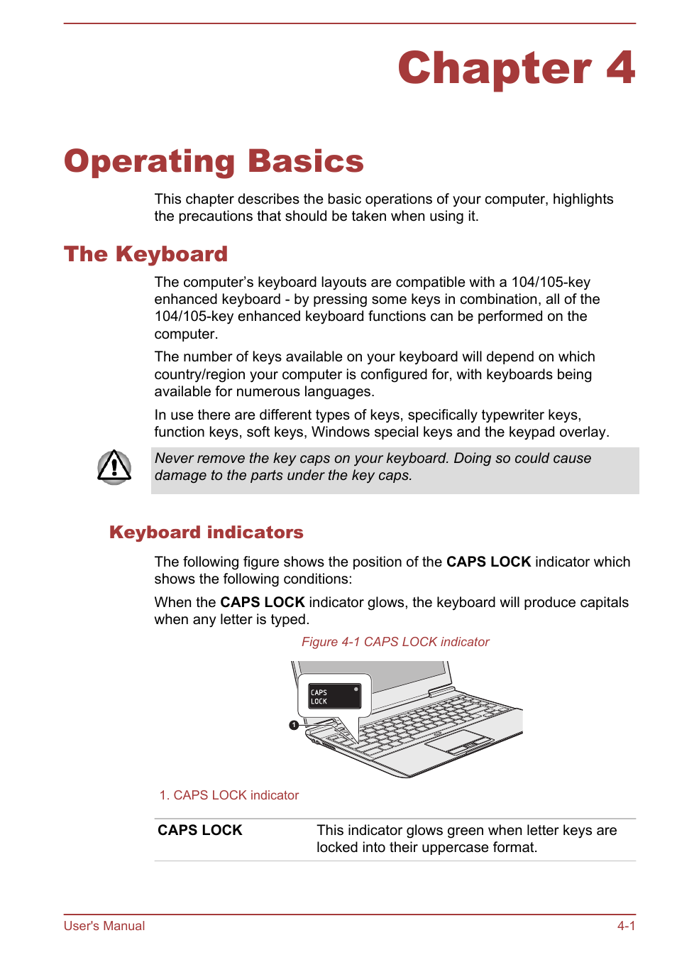 Chapter 4 operating basics, The keyboard, Keyboard indicators | Chapter 4, Operating basics, The keyboard -1, Second, 1000base-t). refer to, Operating, Basics, For details | Toshiba Portege Z930-F User Manual | Page 57 / 132