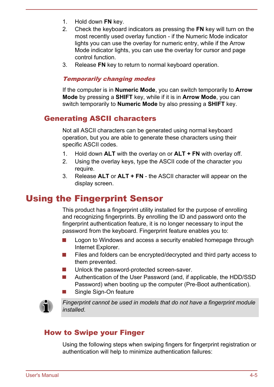 Generating ascii characters, Using the fingerprint sensor, How to swipe your finger | Using the fingerprint sensor -5, Fingerprint sensor, refer to, Using the fingerprint, Sensor | Toshiba Portege Z930-F User Manual | Page 61 / 132