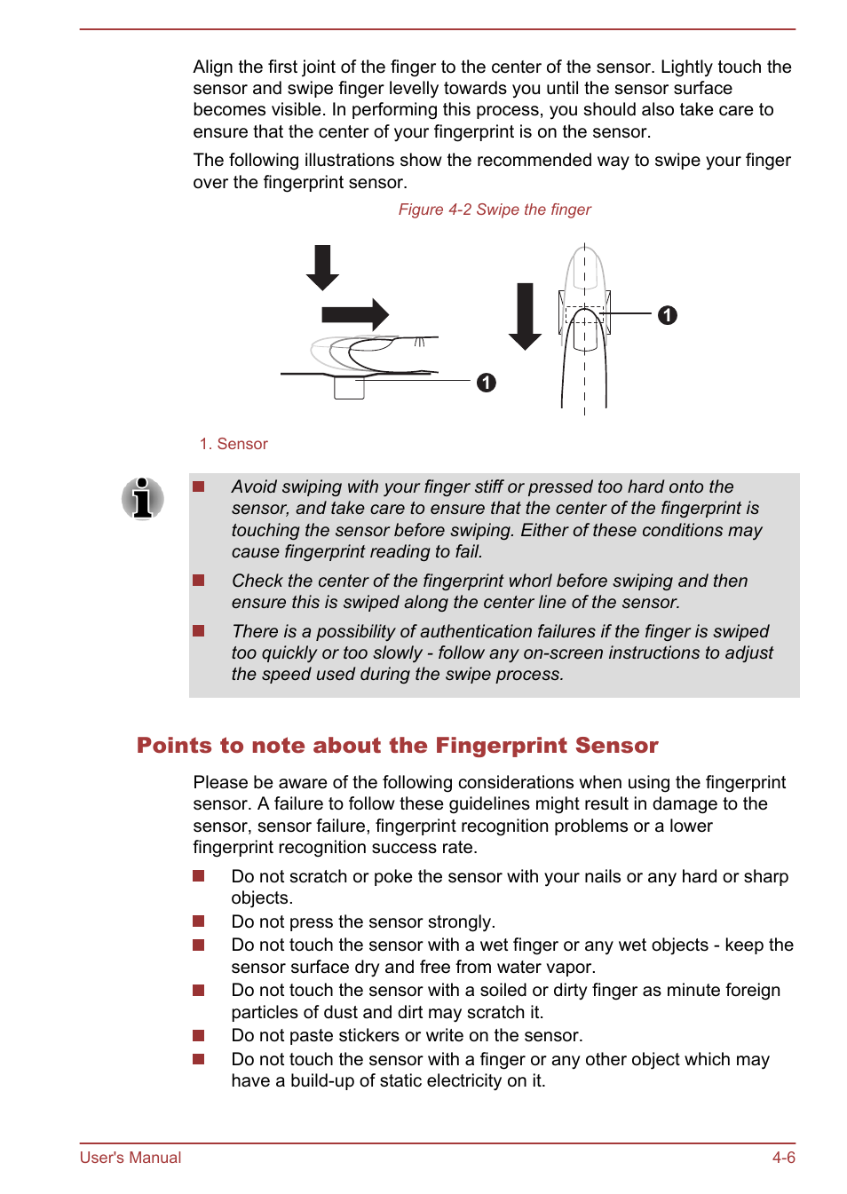 Points to note about the fingerprint sensor | Toshiba Portege Z930-F User Manual | Page 62 / 132